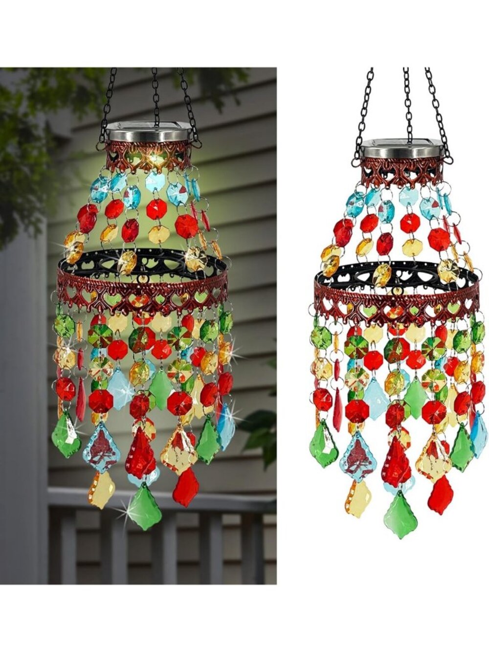 Elegant Hanging Solar Lantern Chandelier | 2-Tier Acrylic Crystal Wind Chimes